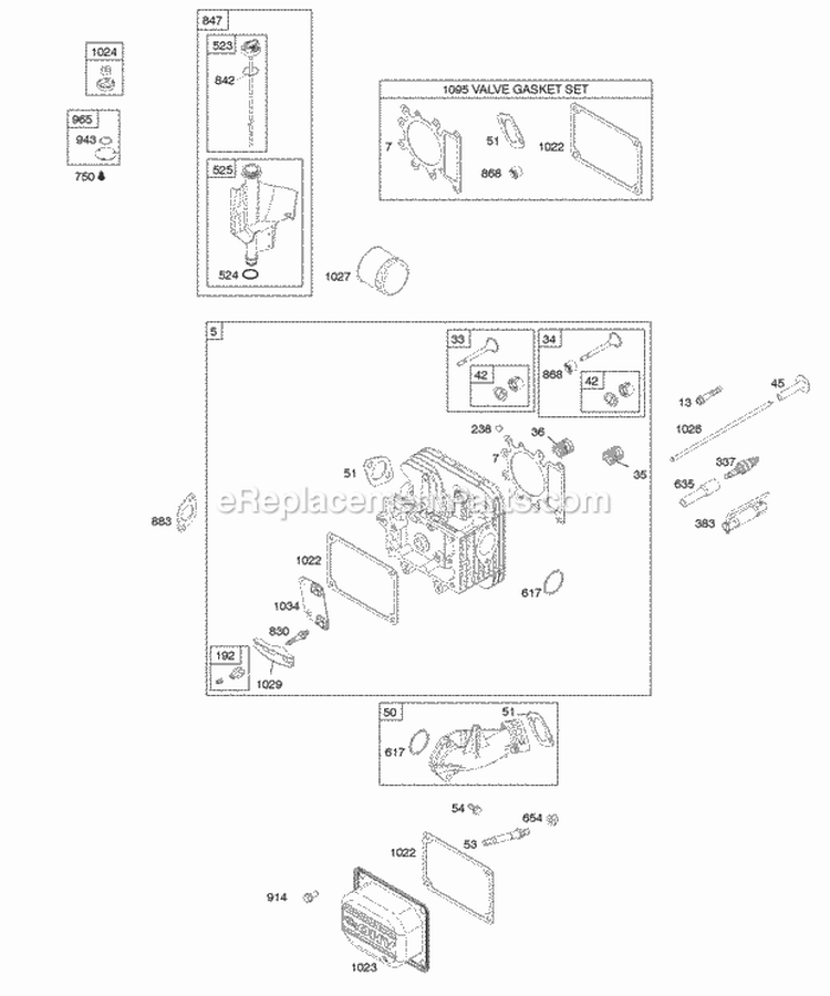 Cylinder Head Gasket Set - Valve Intake Manifold Lubrication Valves Diagram and Parts List for 280J77-0122-B1  Briggs and Stratton Engine
